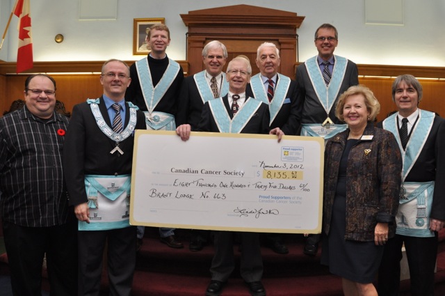 Brant Lodge officers present a cheque to the Canadian Cancer Society