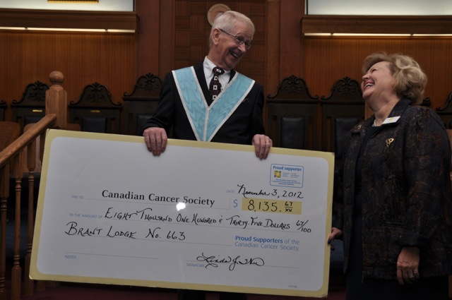 Brant Lodge Treasurer and Canadian Cancer Society Representative Share a Laugh