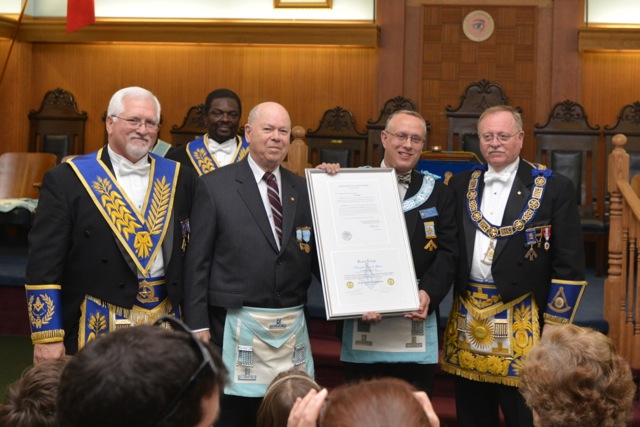 R.W. Bro. Jeffrey Baker, W.Bro. Ken Gibson, W.Bro. Eric Marshall and M.W. Bro. Donald A. Campbell